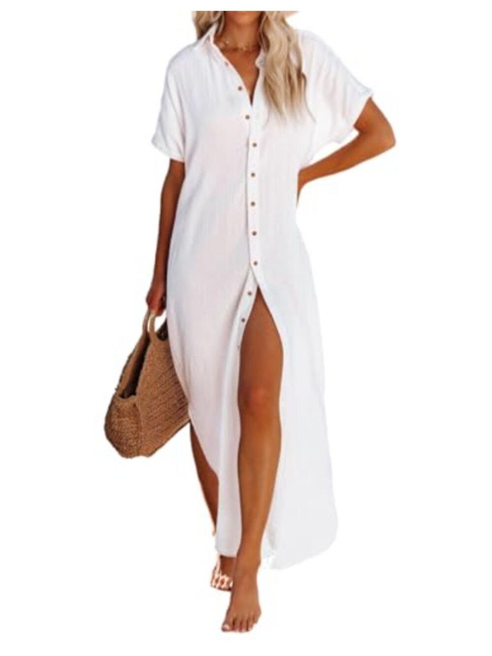 Women's Long Cardigan Beach Dress Swimwear Cover Up Button Down Short Sleeve